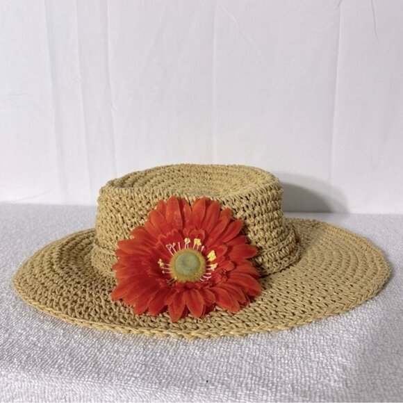 Vintage Woven Paper Straw Wide Floppy Brim Sun Hat Summer Hat With Flower - Picture 1 of 14